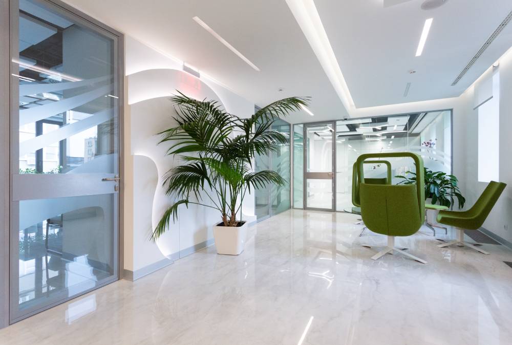 Room with green chair and plant.